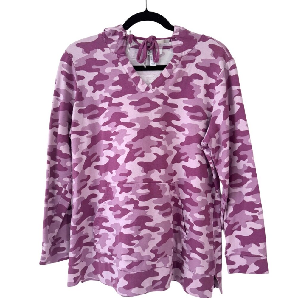 Denim&Co Pink Purple Camo Hooded Sweatshirt